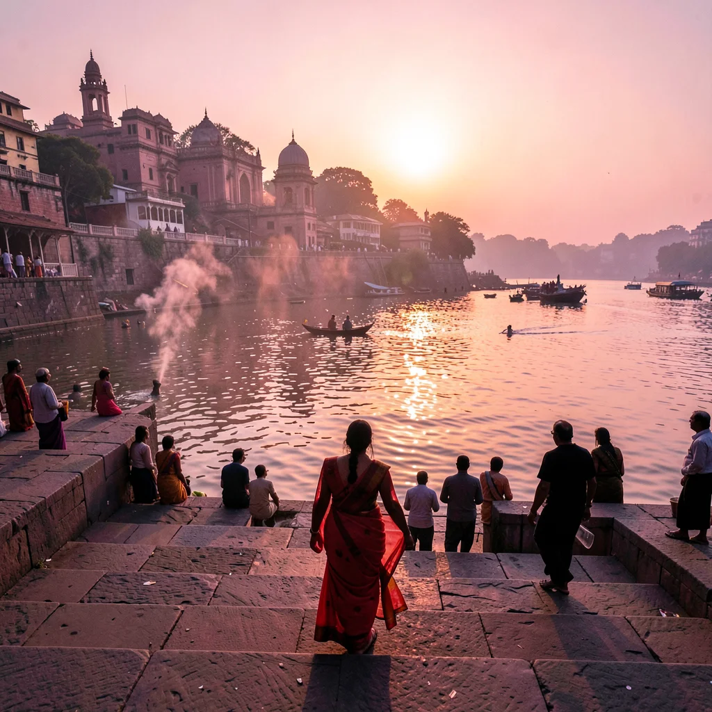 Varanasi ghat dawn, Ganges pink-gold light, woman in sari descending stone steps