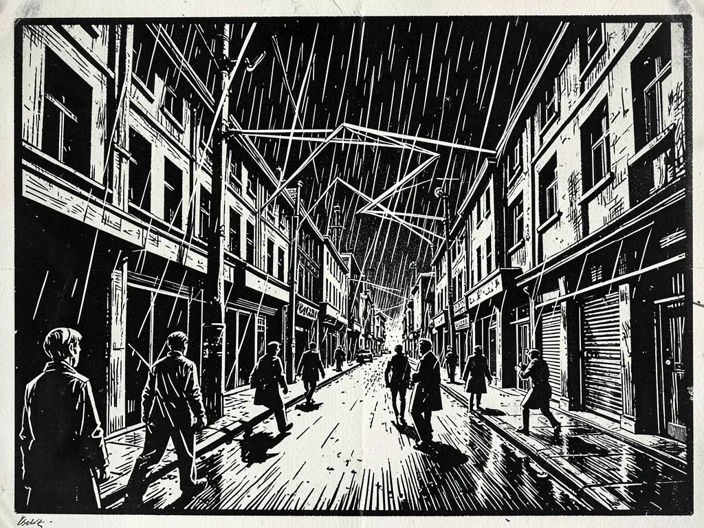 City street in heavy rain, figures as slashed angular shadows under a dark sky