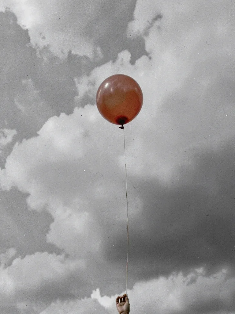 Child's balloon escaping into gray sky, the string still visible, the letting go