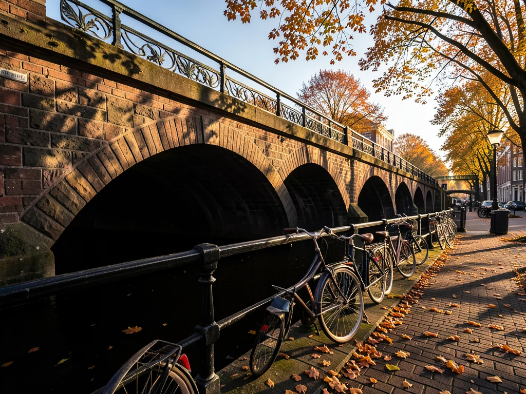 Stone bridge over a canal in Amsterdam, bicycles parked along the railing, autum