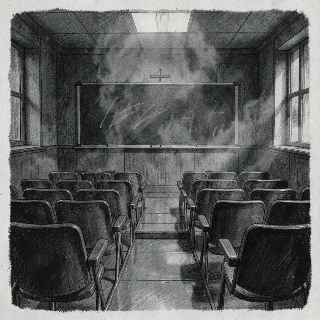Brooding charcoal sketch of a darkened lecture hall with rows of empty tiered se