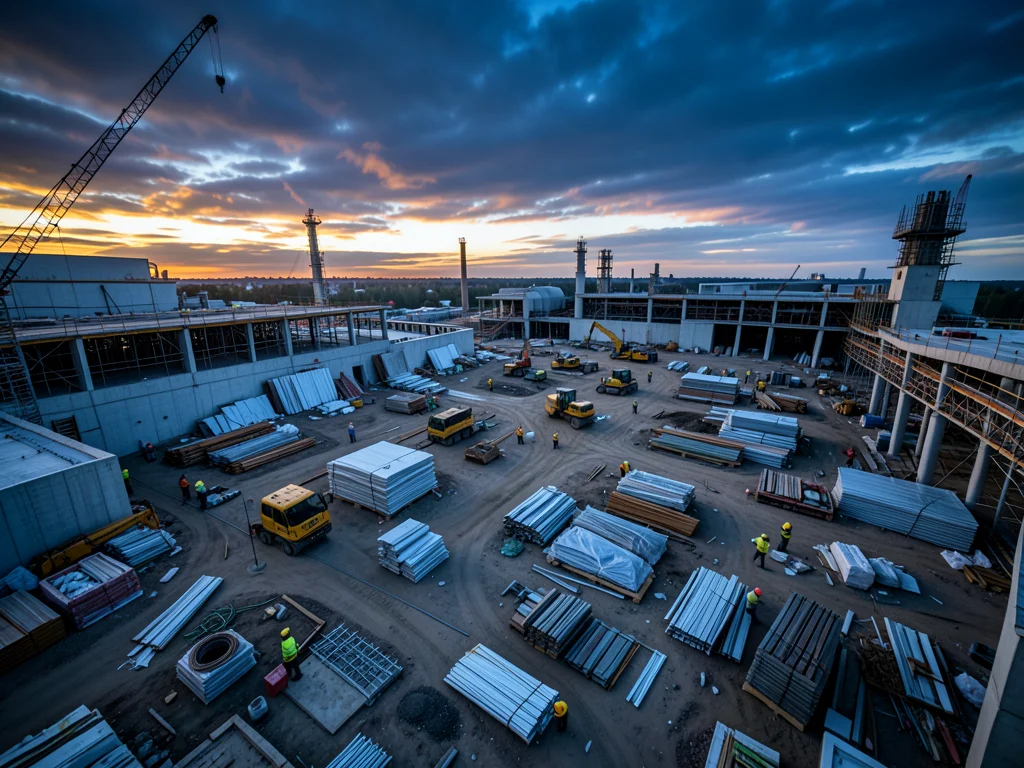 A rooftop view of a construction site: the organized chaos of materials, machine