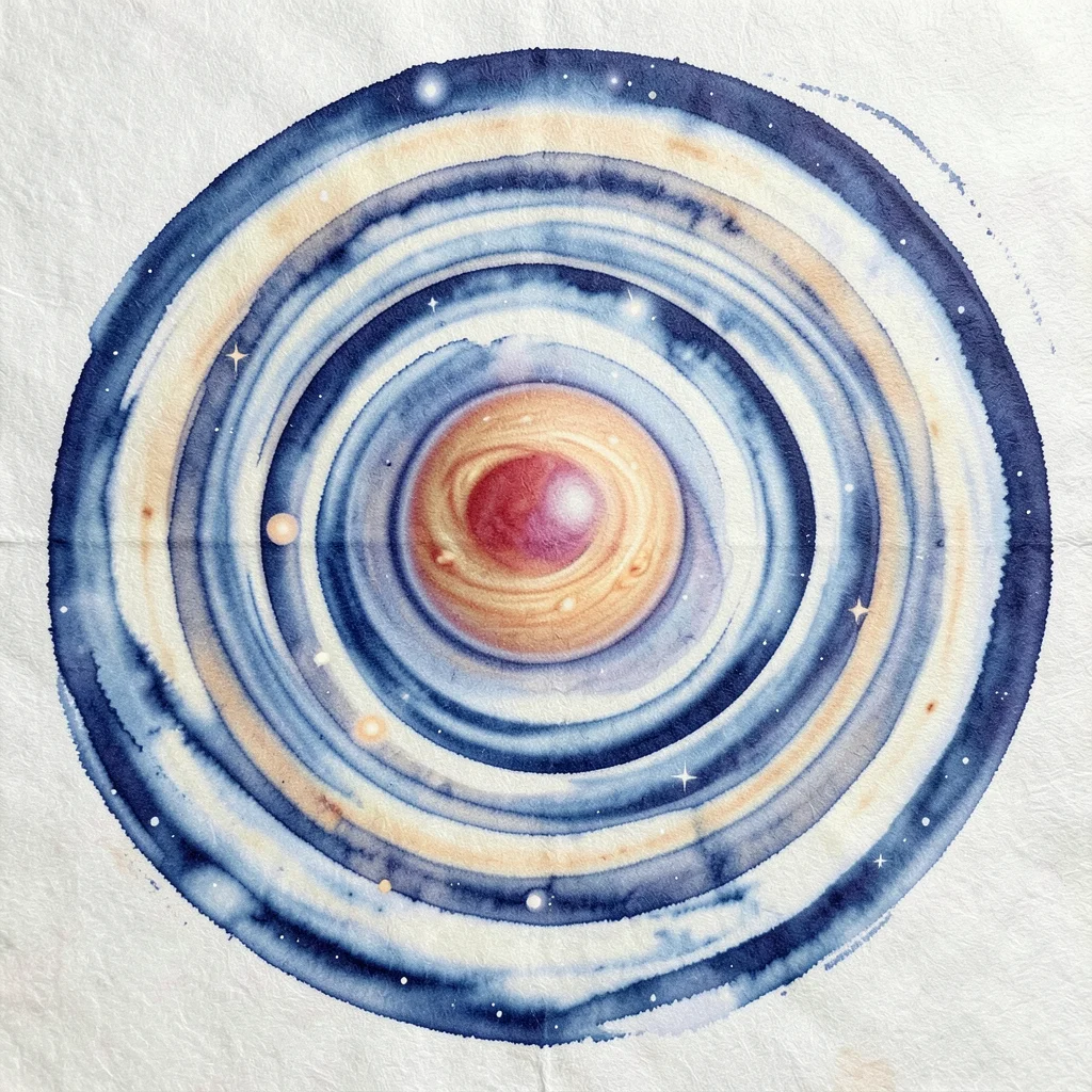 The banded atmosphere of Jupiter with its Great Red Spot rendered as concentric 
