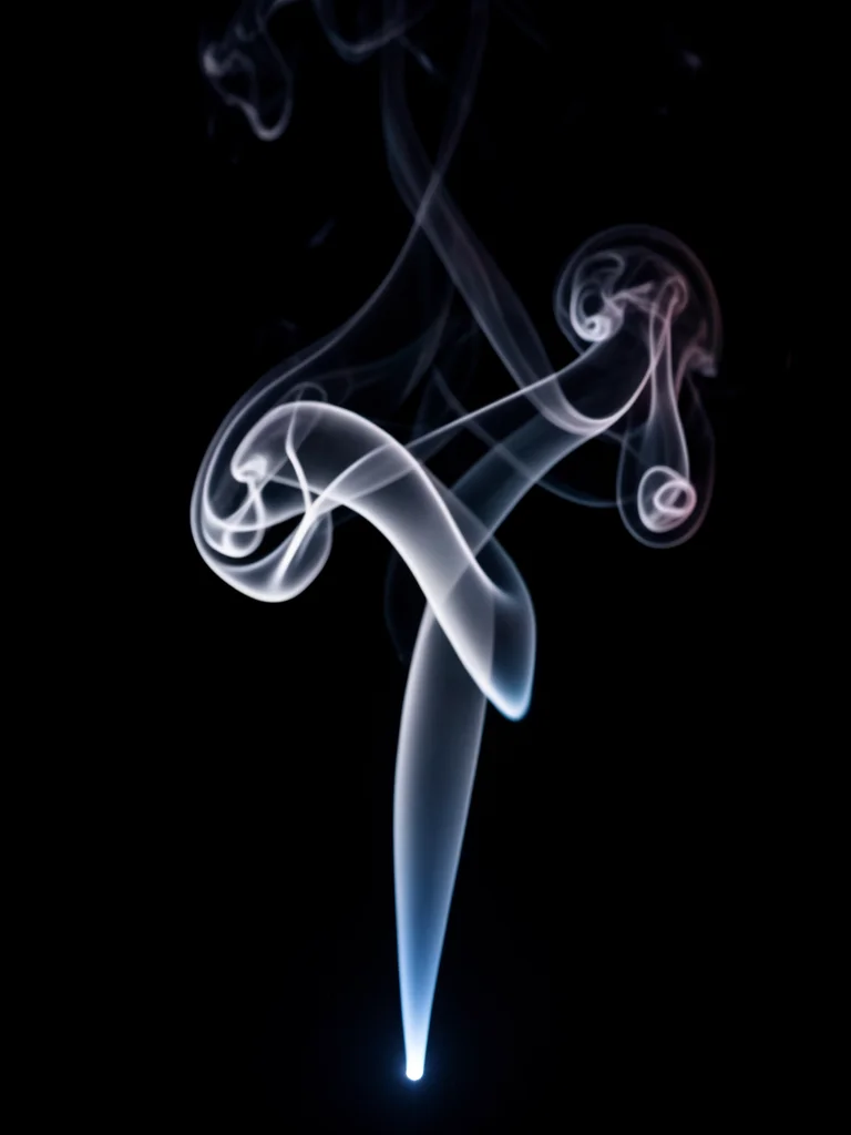 Thin wisps curling like Arabic calligraphy, a single point light source from bel