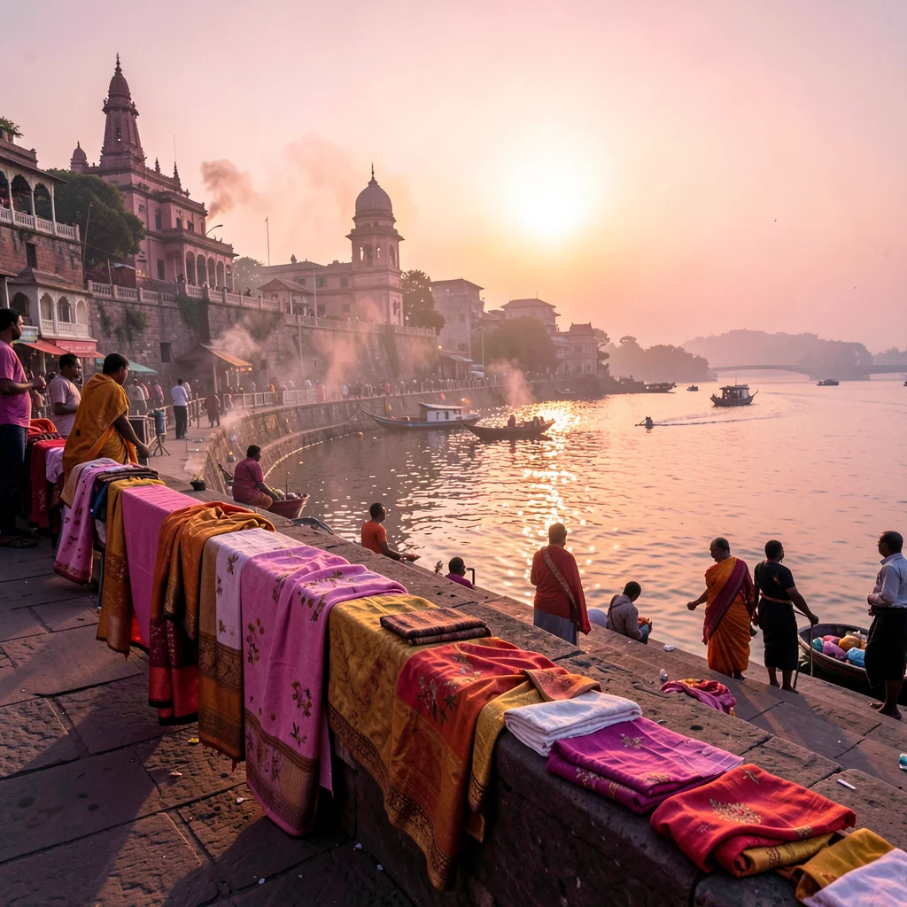 Varanasi ghat dawn, Ganges pink-gold light, folded saris drying on stone, pink a