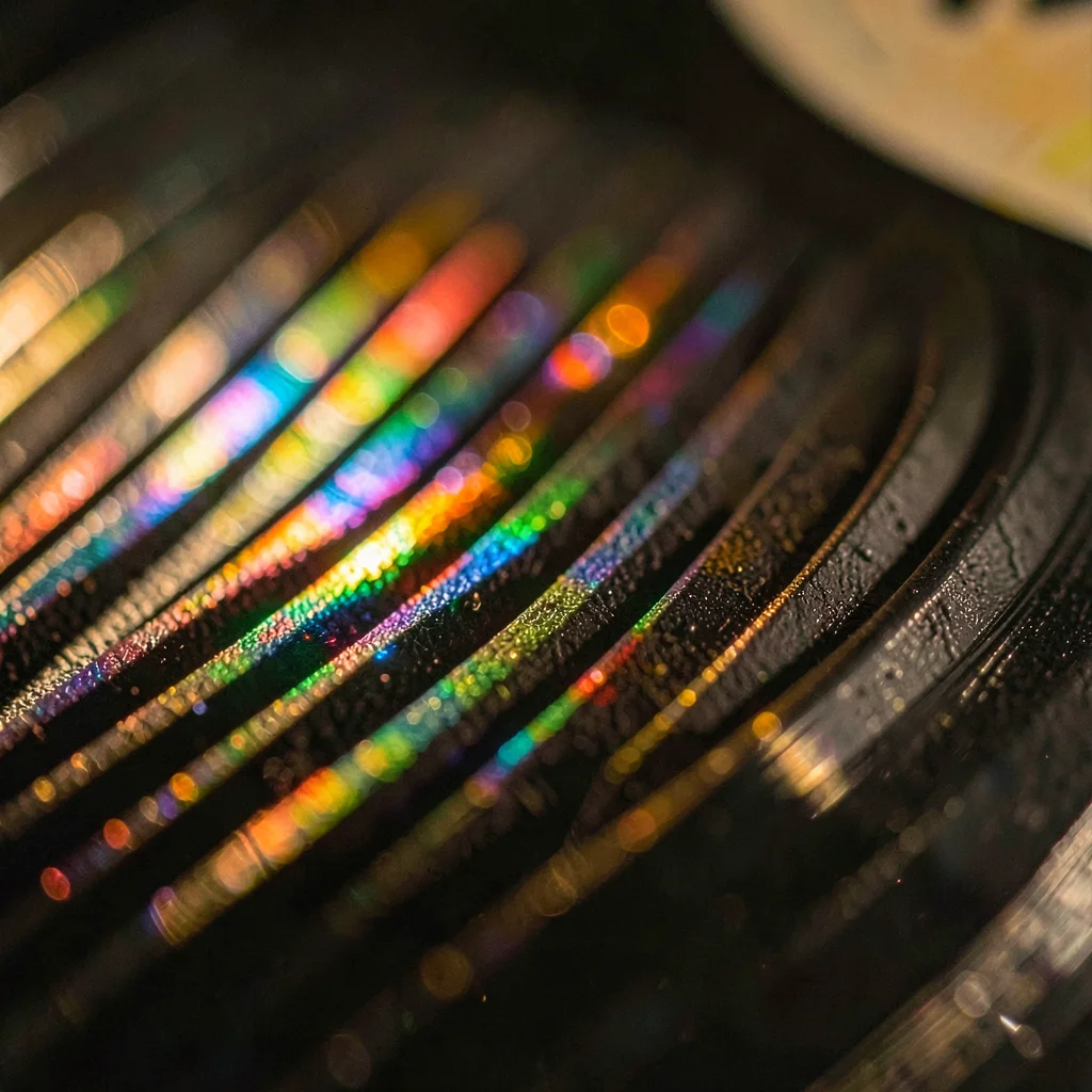 Record grooves macro catching Christmas candle light, warm prismatic detail