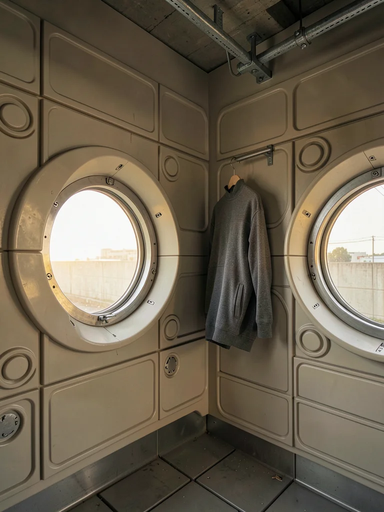 Interior capsule corner: circular window, moulded plastic storage wall, one hang
