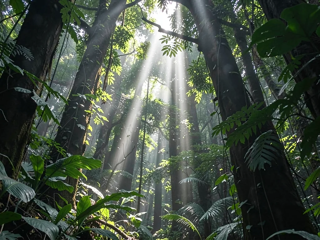 Cathedral light beam descending through canopy gap