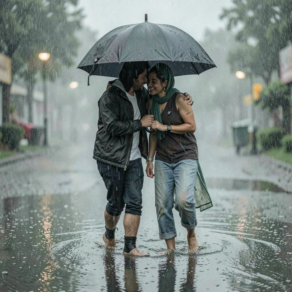 Monsoon season photograph, heavy rain atmosphere, A young couple sharing a singl