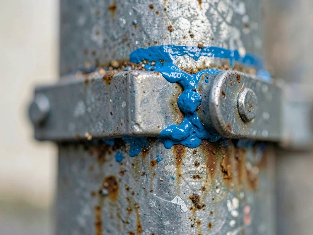 Street sign post weld bead, blue paint meeting galvanized metal