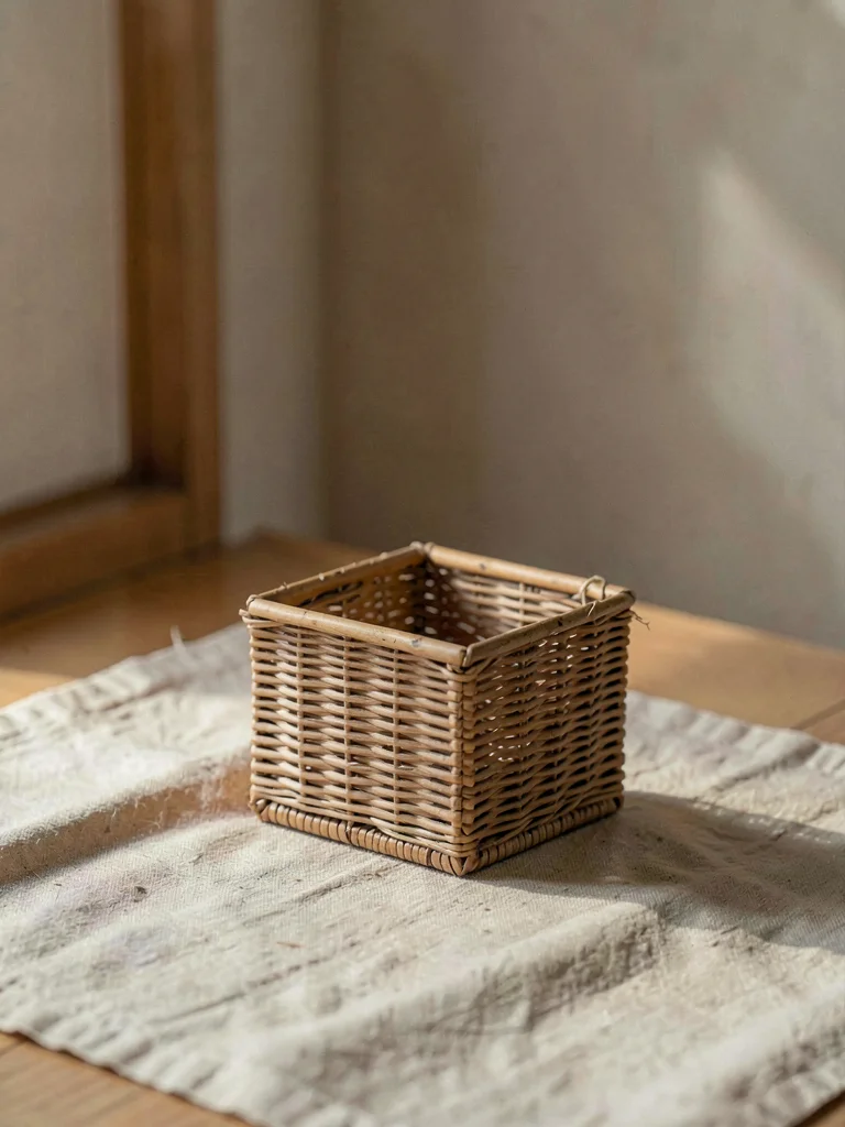 One small woven wicker basket with squared base sitting alone on oatmeal linen, 