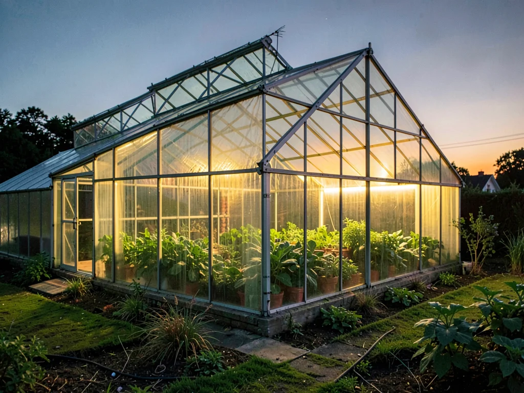 Greenhouse glowing at evening time