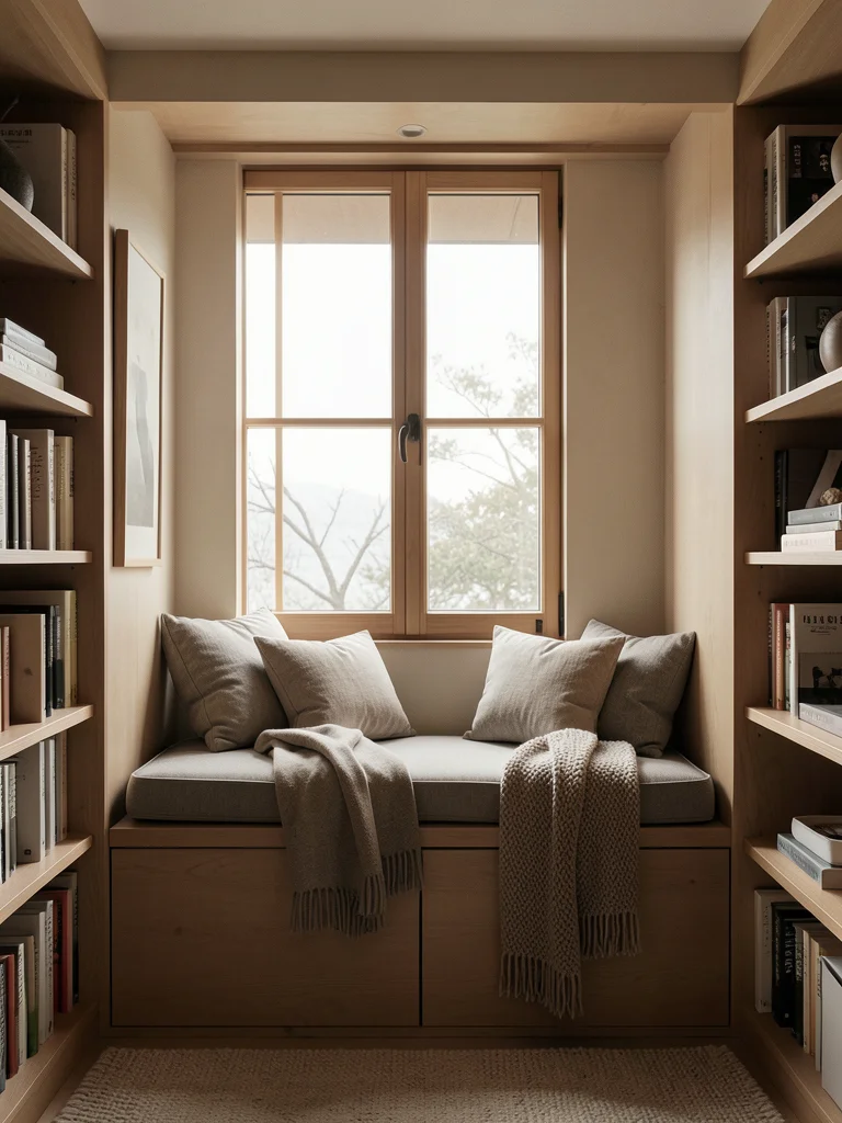 Cozy reading nook built into a window alcove, cushions, blankets, bookshelves ei