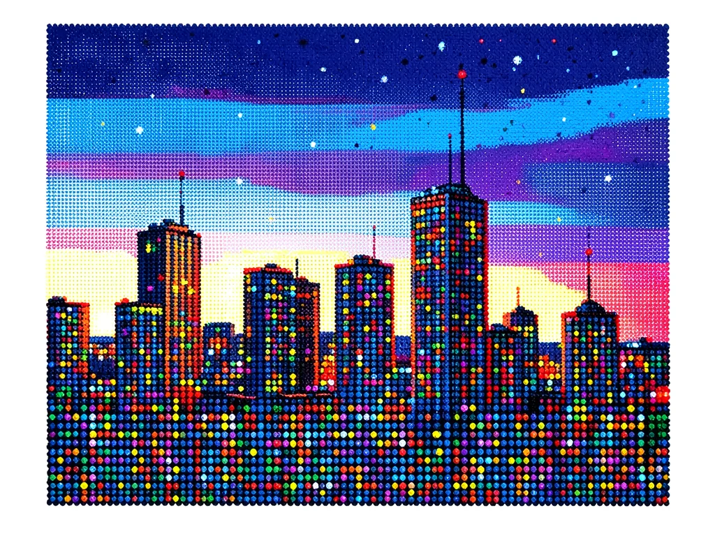 City skyline at dusk, buildings and sky assembled from complementary dot columns