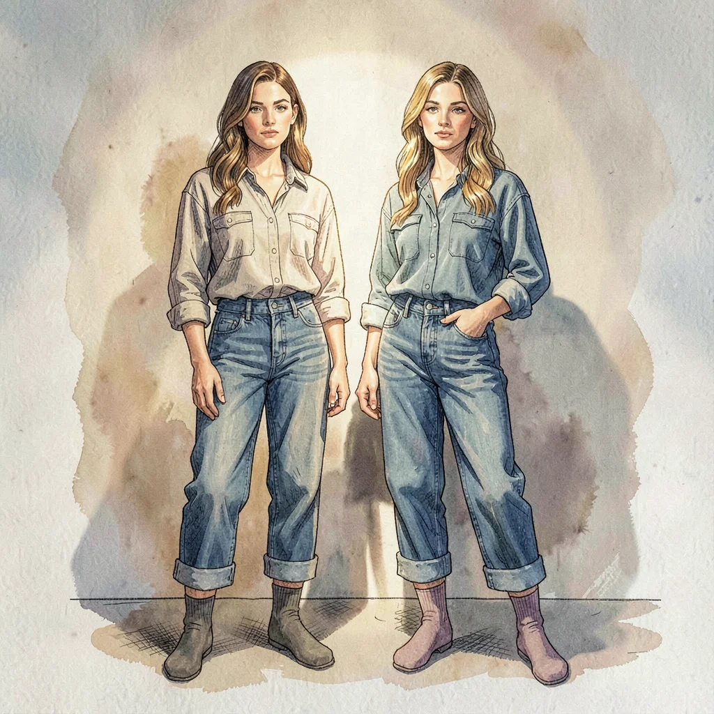 Editorial portrait of two models side by side, both in cuffed jeans showing matc