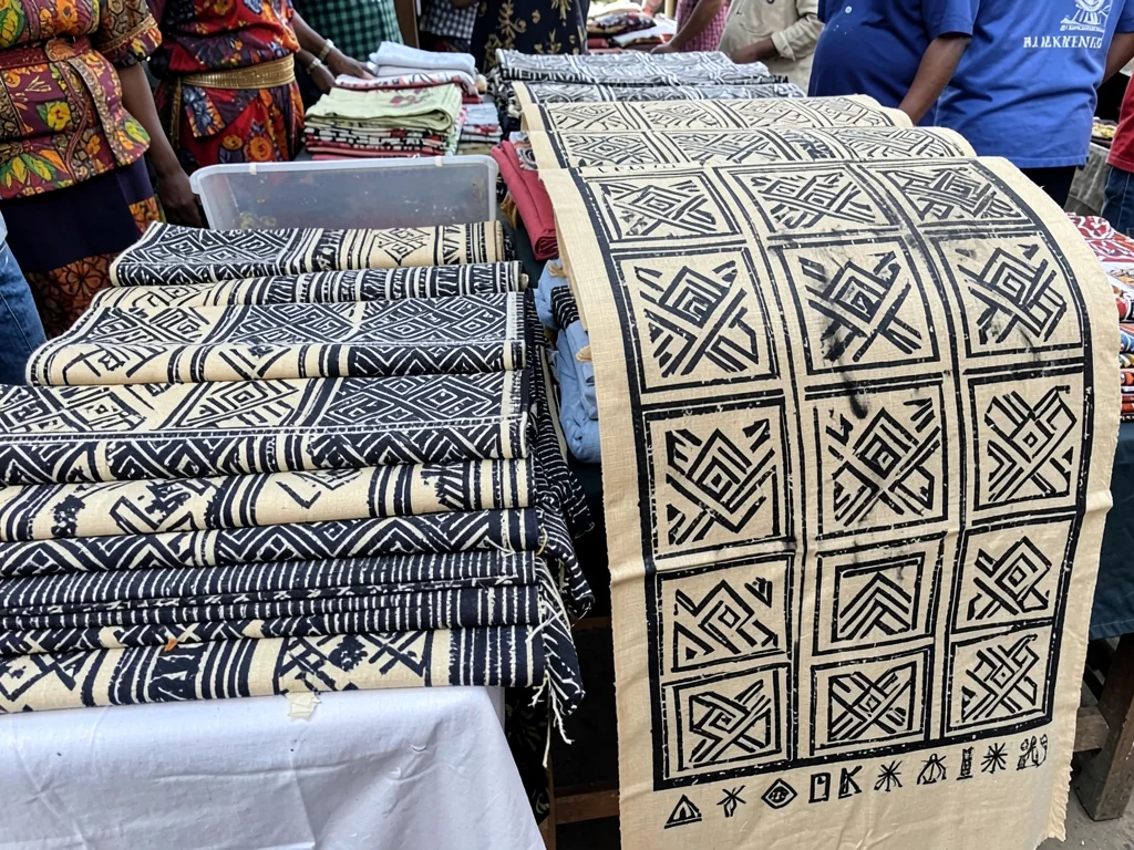 Market stall — lengths of Adinkra cloth in folded display, unrolled sample besid