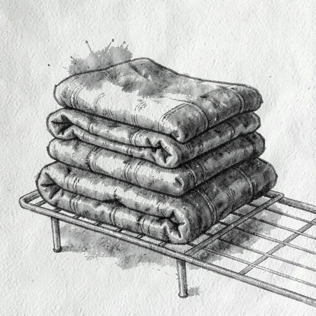 Indira-banerjee style charcoal of a stack of folded blankets on a wire rack, pap