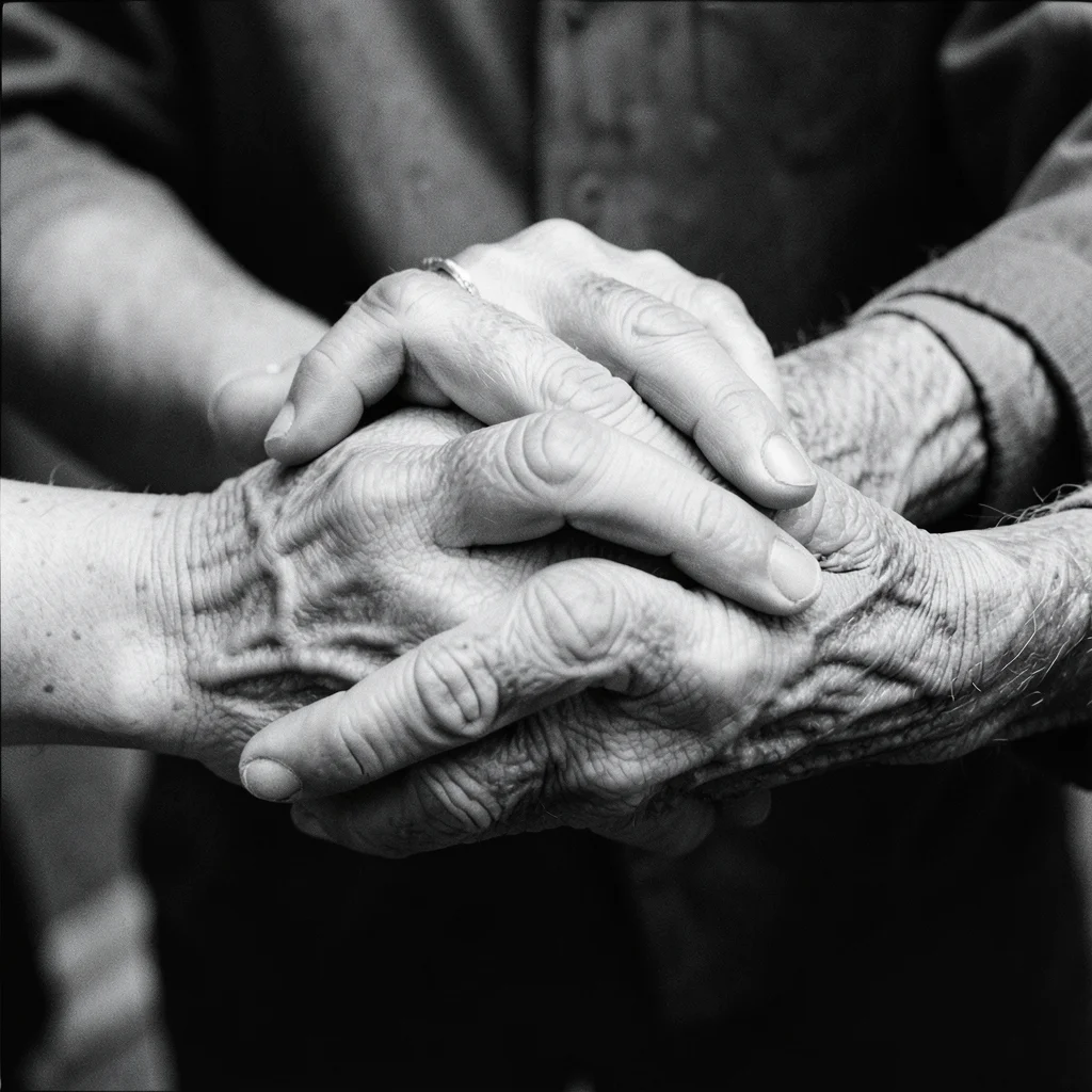 Two hands clasped together, one young and one elderly, knuckles and veins tellin