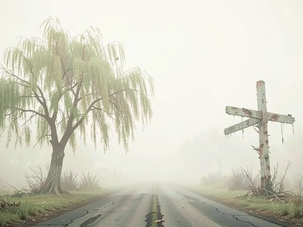 Dead willow at a crossroads, signpost rotted away, the roads themselves disappea