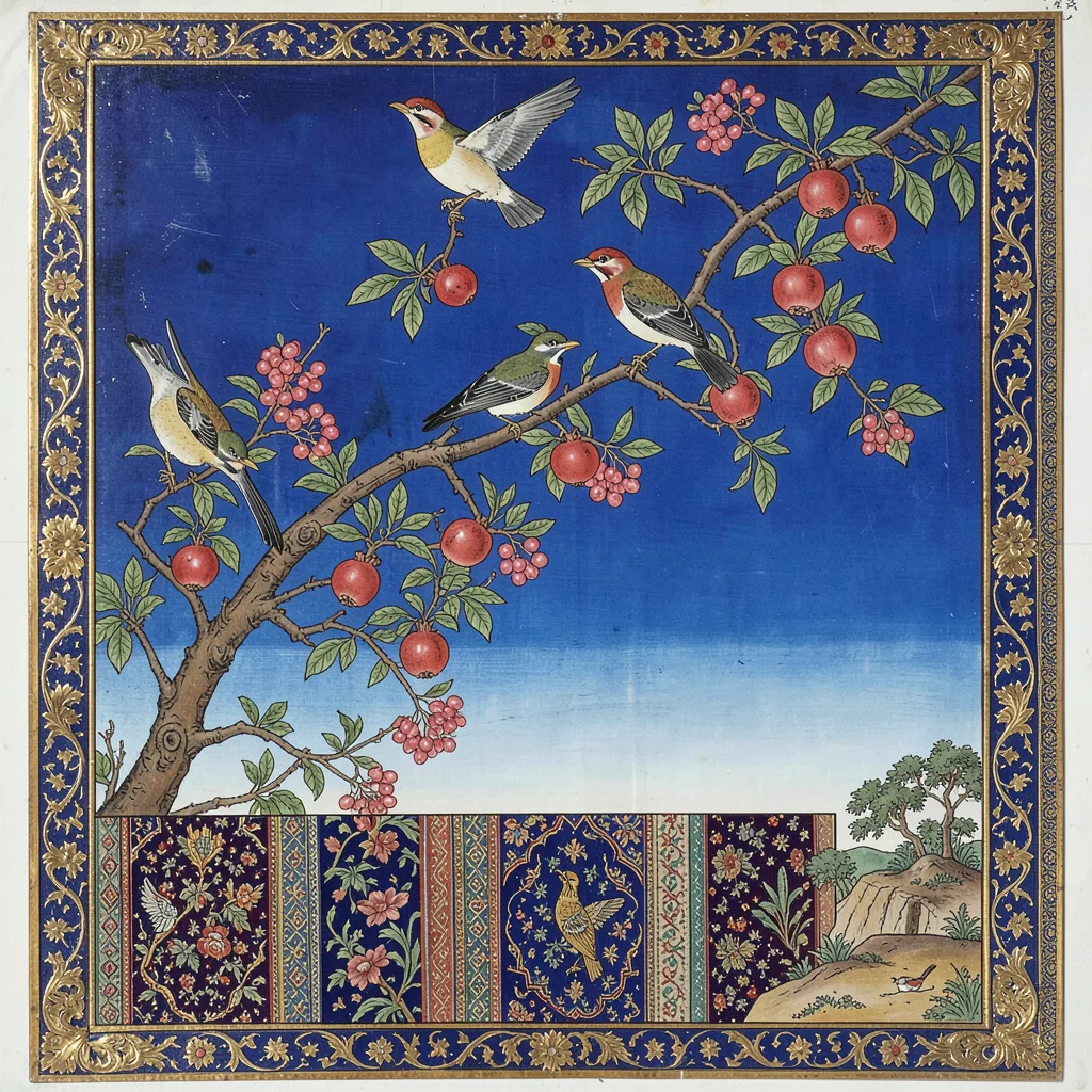 Birds among flowering pomegranate branches against a lapis blue sky