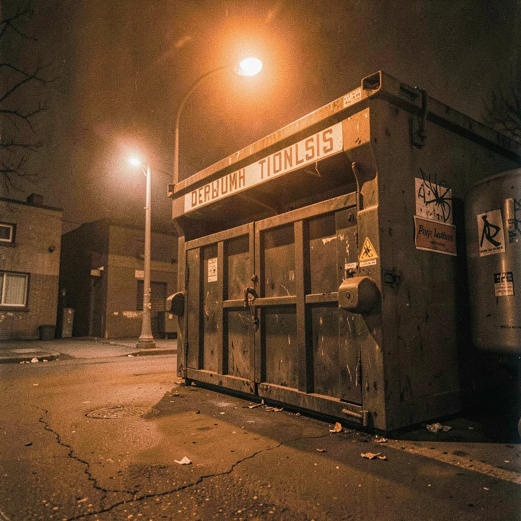 Dumpster enclosure with orange overhead light, waste management nocturne