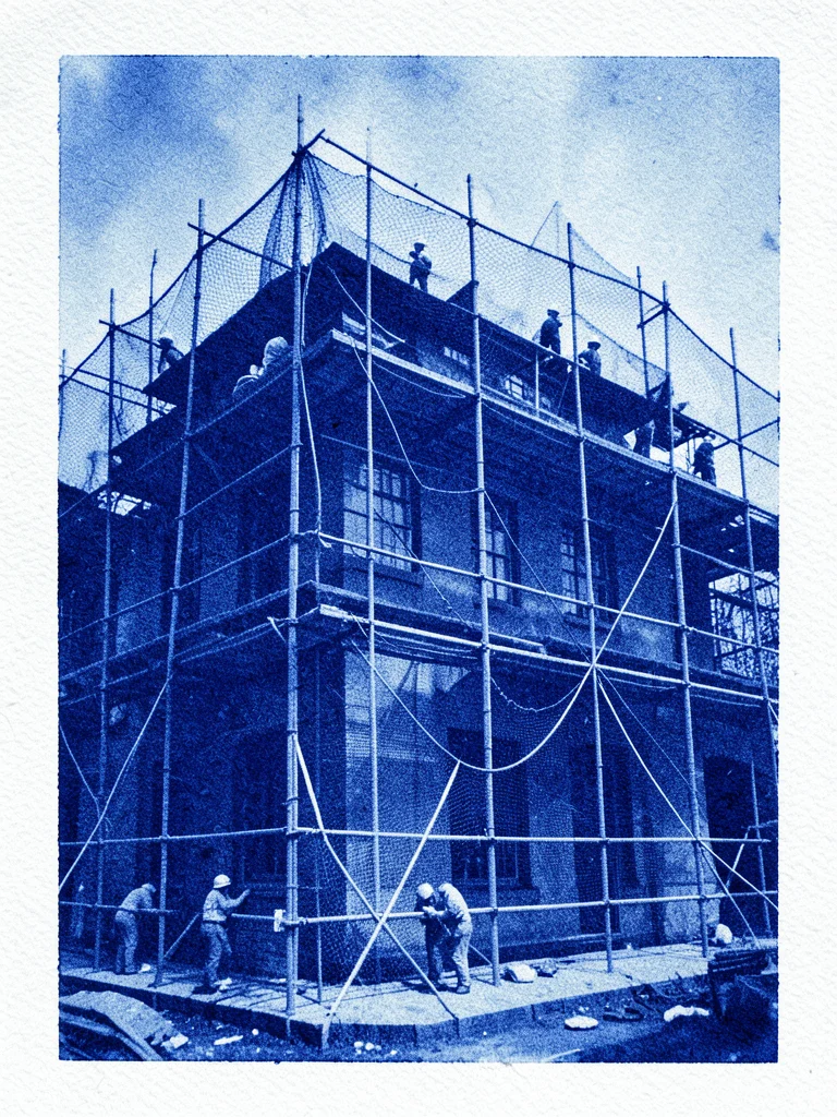 A scaffolded building wrapped in construction mesh with workers visible behind i