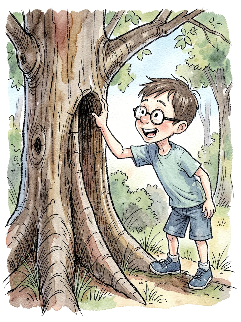 Boy with glasses peering in tree