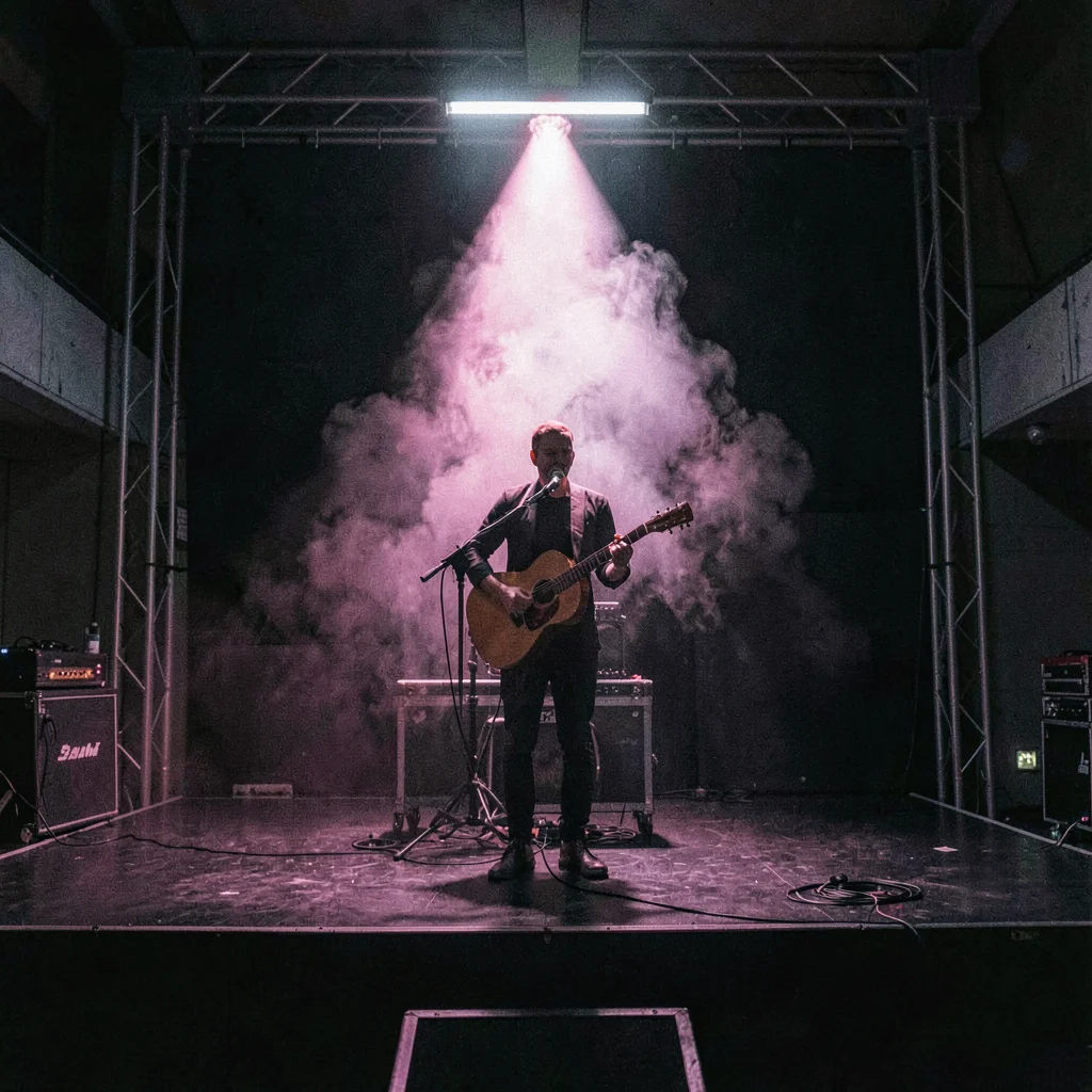 3am-shift nocturnal photo of a lone musician on stage under a single magenta was
