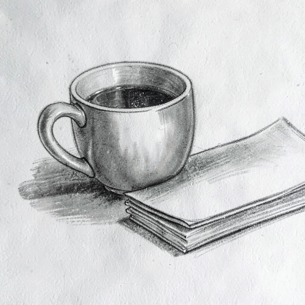 Charcoal sketch of a single coffee mug beside a stack of pages, soft graphite gr