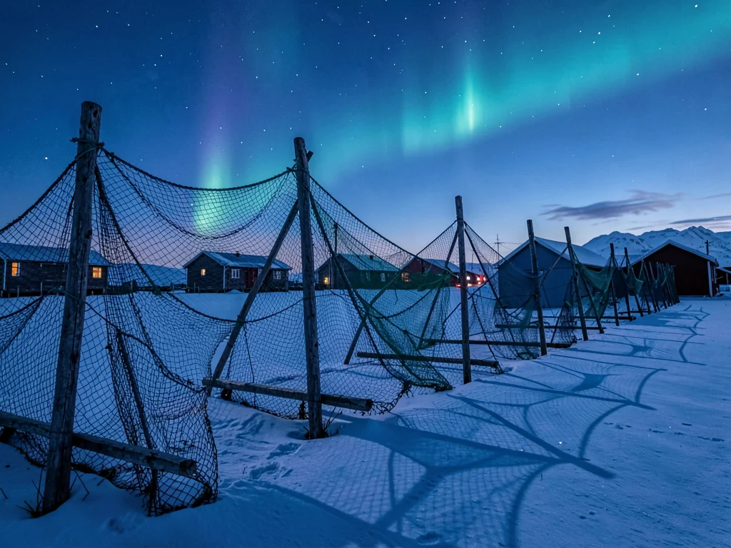 Polar night blue hour in Tromso, Norway, fishing nets draped over wooden frames,