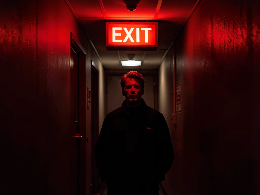 Actor in wings of theater, EXIT sign the only illumination, about to go on, the 