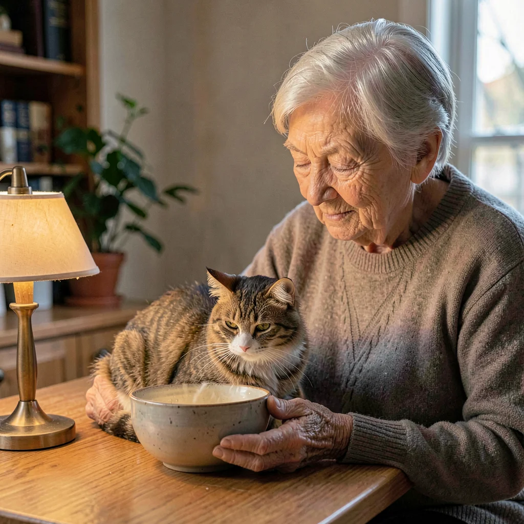 A gentle white grandmother in her eighties feeding a tabby cat, lamp warmth on t