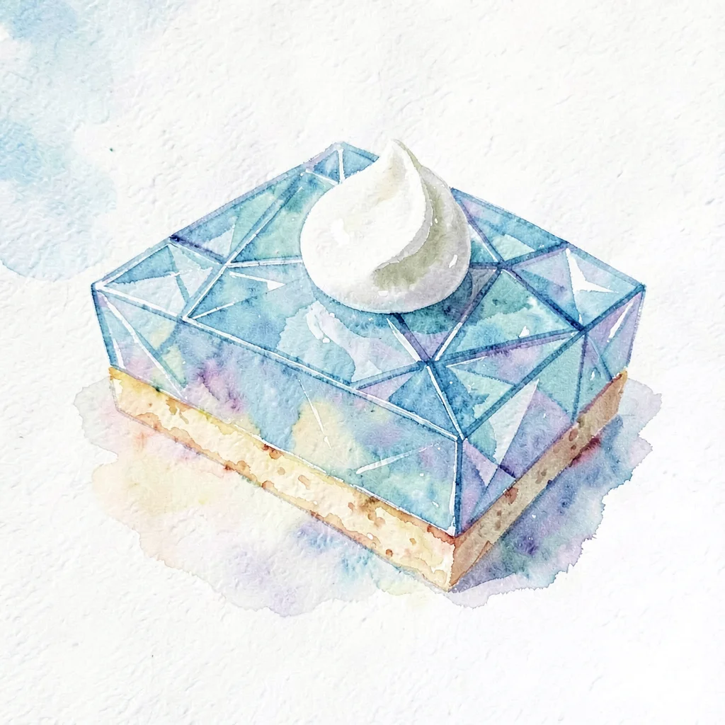Glassy sapphire lowpoly slice of pie with a faceted lattice top and a single dol