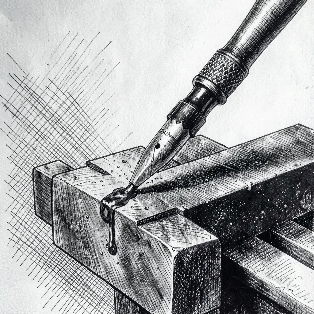 Tight pen-ink drawing of a spade head clamped in a vise mid-grinding, cross-hatc