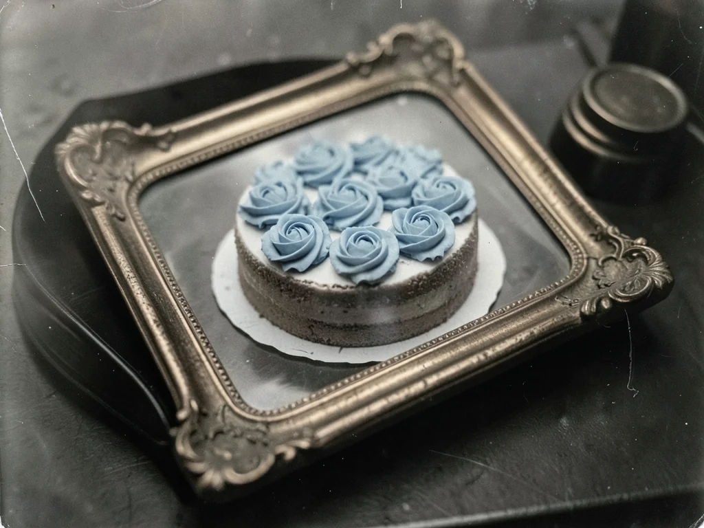 A sheet cake from a grocery store bakery with blue frosting roses, displayed on 