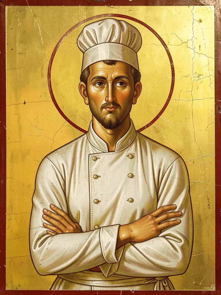 Frontal portrait of a chef in white coat, arms crossed, haloed on gold