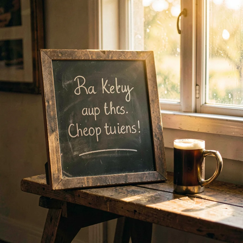 Warm still-life of a chalkboard sign leaning on a bench beside a stein, golden w