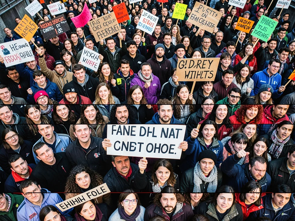 Protest crowd from above, signs and faces hex-edited into horizontal bands