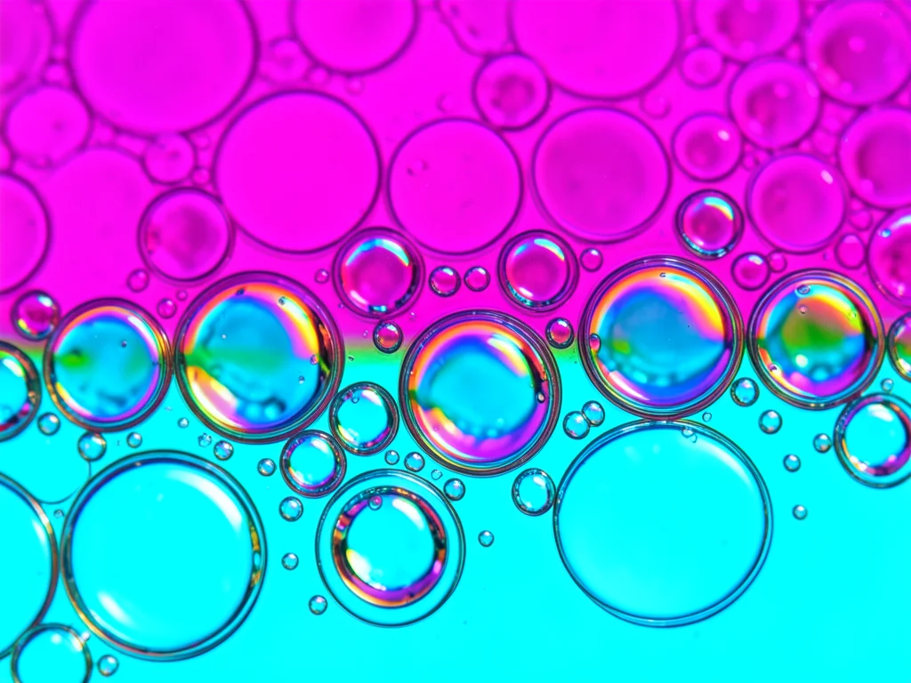 Oil dispersal on water with half magenta half cyan background, bubbles showing s