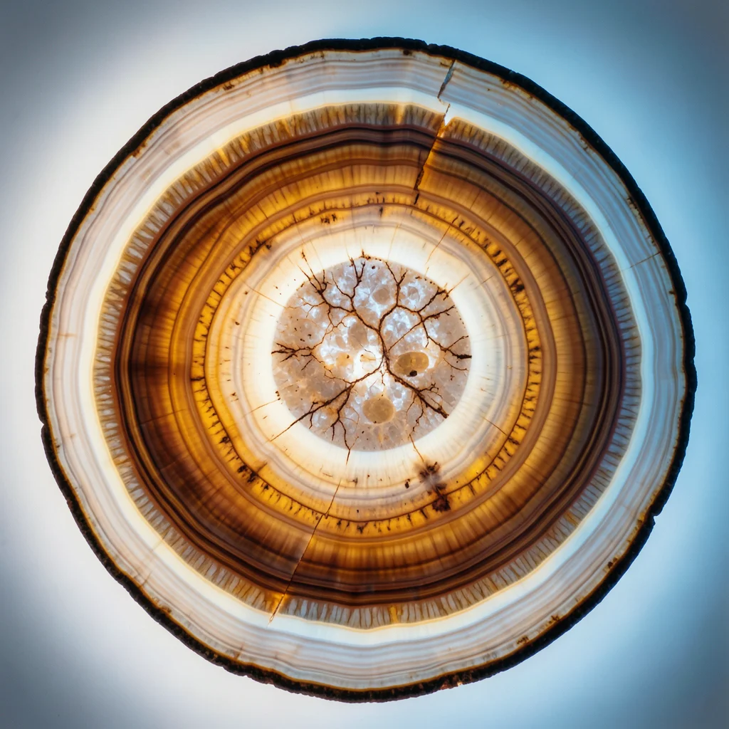 Petrified wood cross-section backlit, original cell structure visible in replace