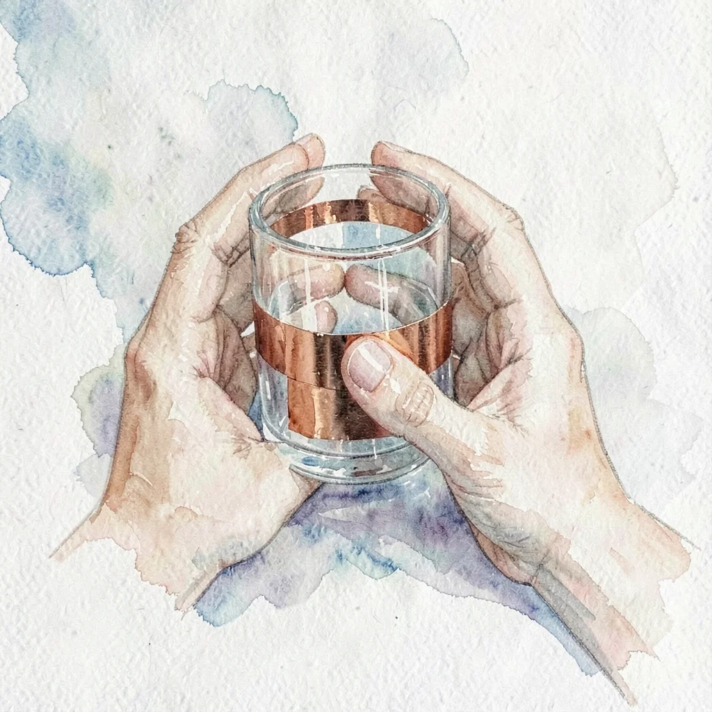 Documentary square of hands wrapping a glass piece in copper foil tape