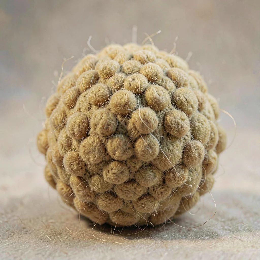 Dimpled mustard knit golf-ball with bobble-textured surface across the body, on 