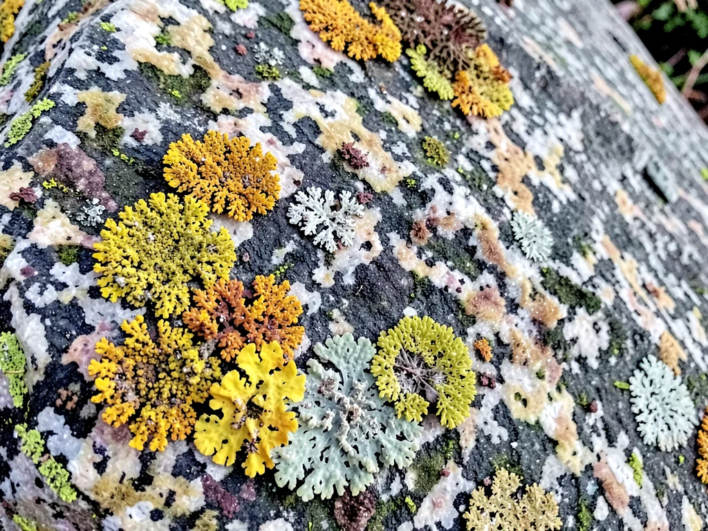 Lichen colony in multiple colors on gray stone
