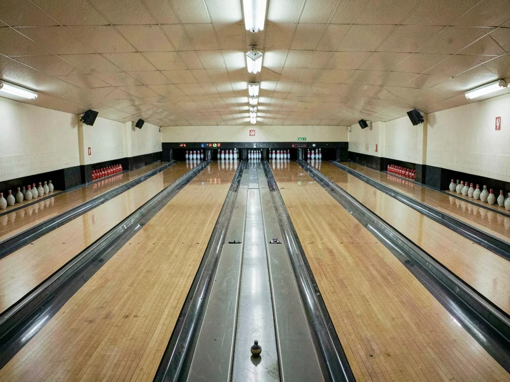 Bowling alley lanes stretching back, pins reset, nobody bowling, waiting for cha