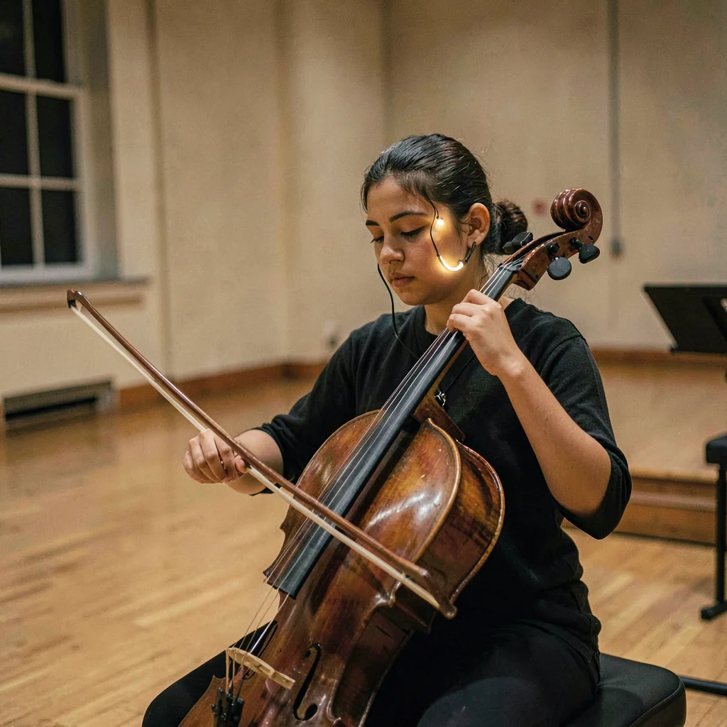 A focused Mexican cellist in her twenties practicing scales in an empty hall, la
