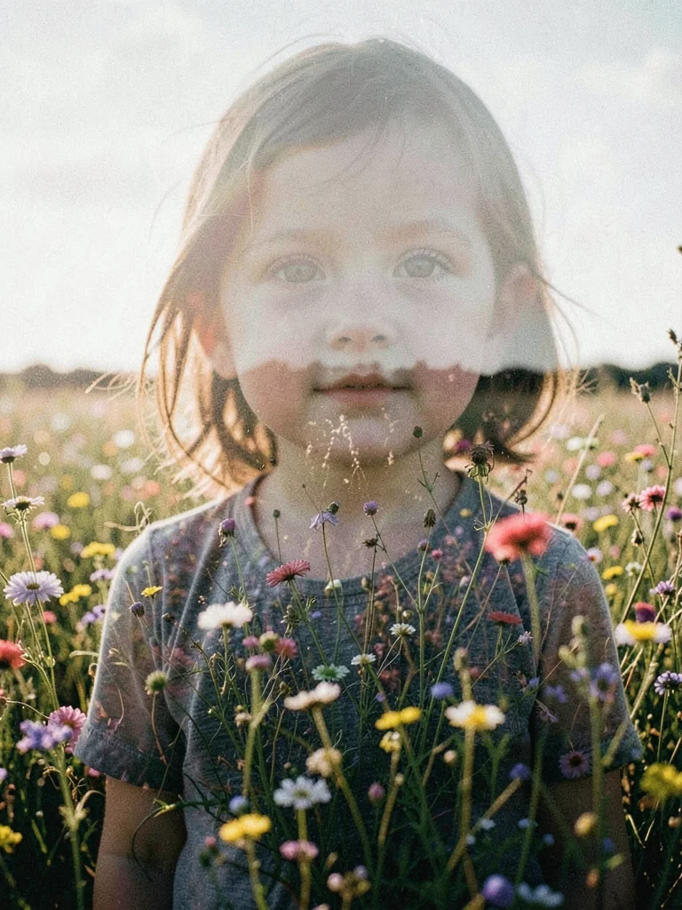 Child's portrait blended with field of wildflowers, innocence as ecosystem