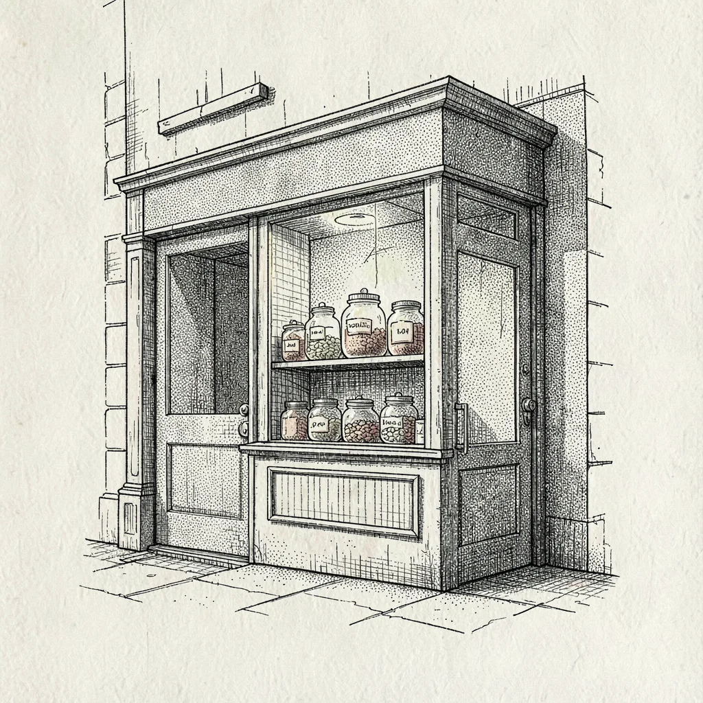 Loose pen-ink shopfront scene with treat jars in the window, fine hatching, ochr