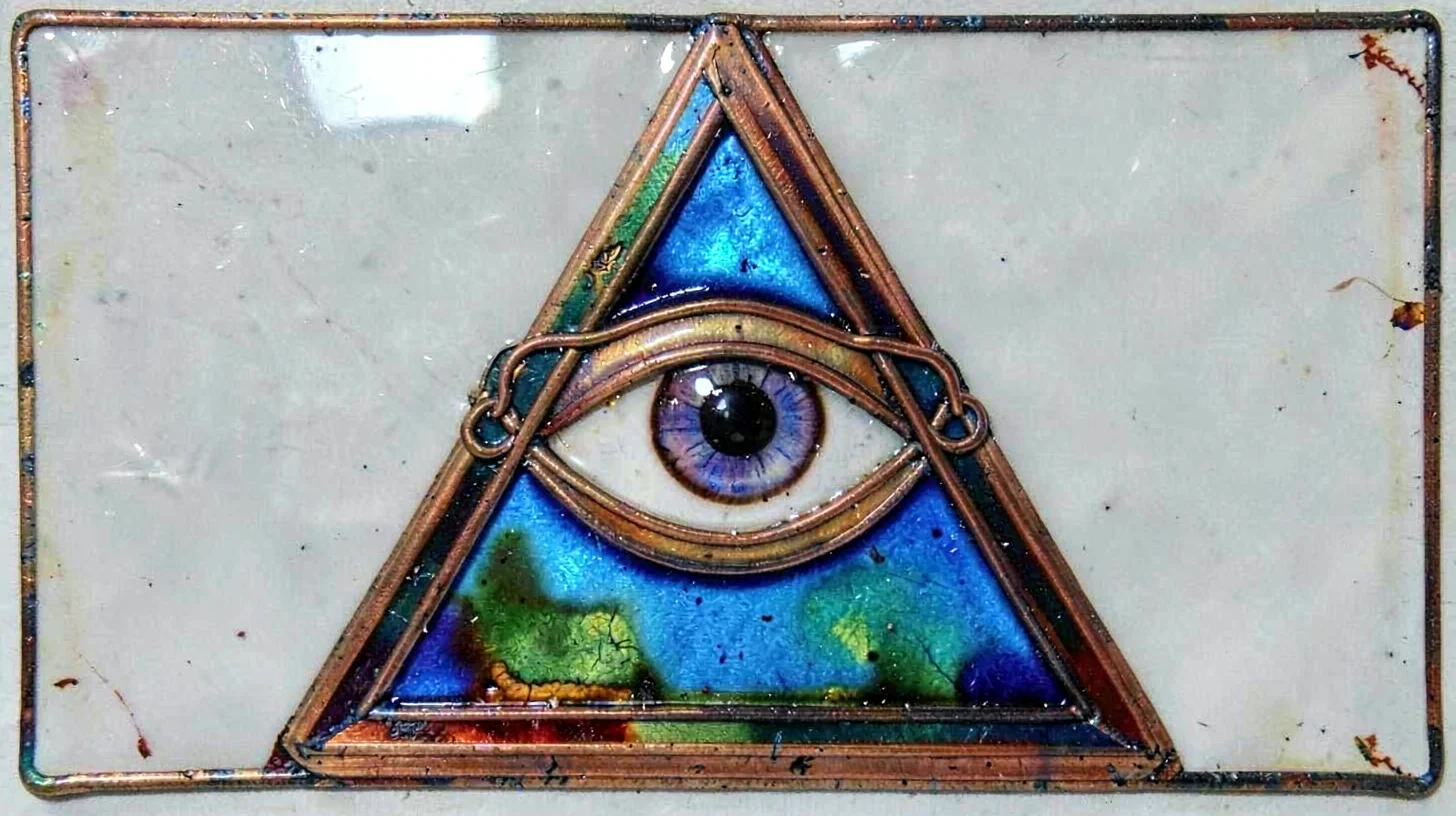 Cloisonné enamel illustration, eye in triangle , copper wire outlines, glass ena