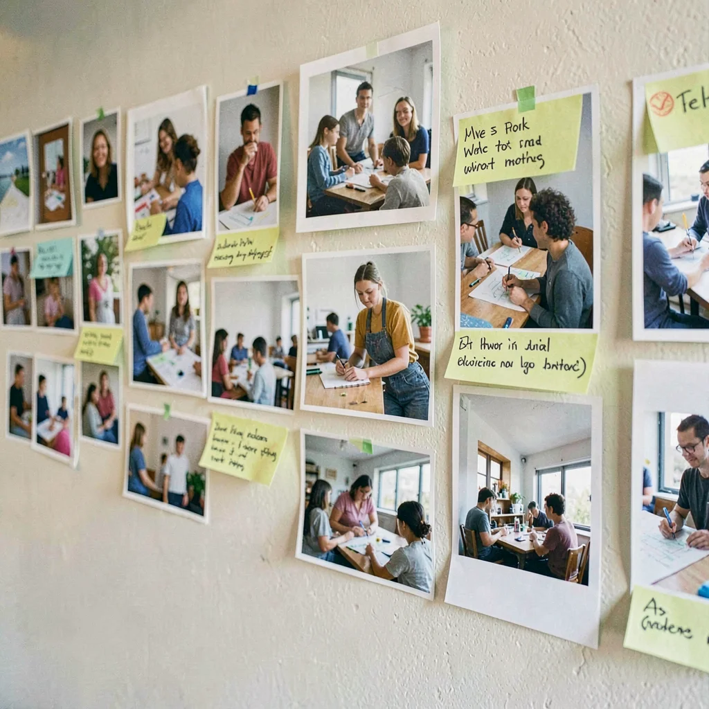 Lab-progress wall of student work-in-progress photos pinned with sticky-note fee