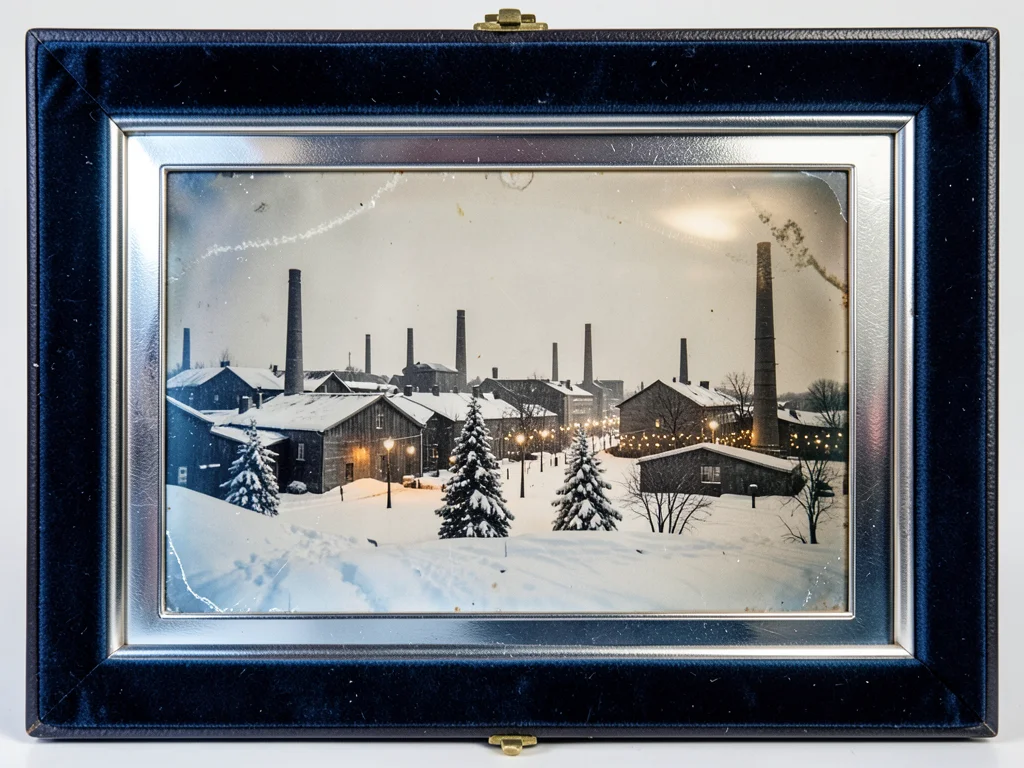 Antiqued photograph of snow-covered industrial town at Christmas, chimneys and l